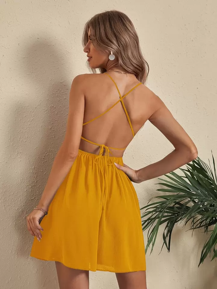 solid criss cross backless cami dress SheCurve Backless Cami Dress  Lightweight Airy Fabric, Adjustable Tie Detail & Easy-Breezy Fit | Black
