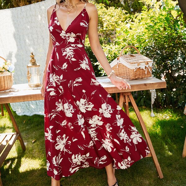 

Tie Back Floral Print Cami Dress, Burgundy