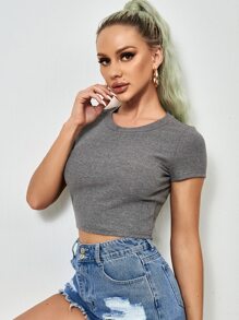 SHEIN EZwear Rib-knit Crop Top - Grey - View 3
