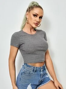 SHEIN EZwear Rib-knit Crop Top - Grey - View 5