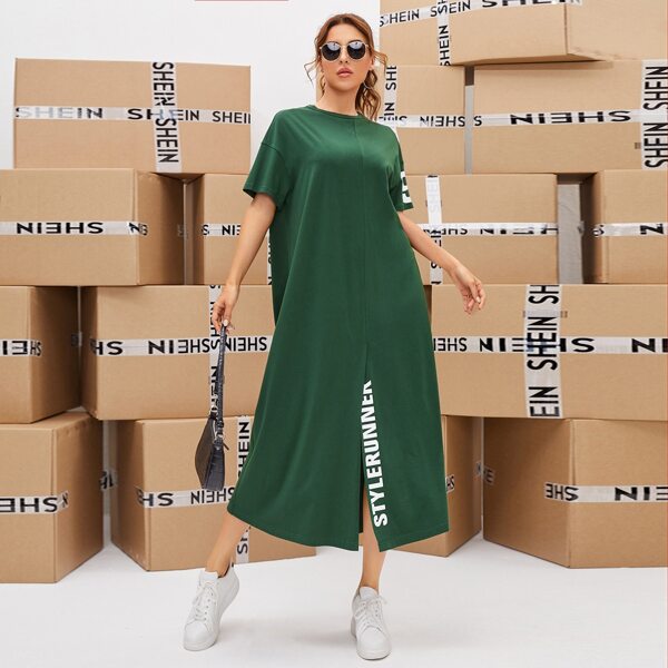 

Drop Shoulder Slit Hem Floral Print Dress, Dark green
