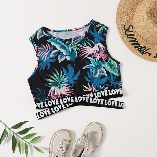 

Girls Letter Tape Tropical Print Tank Top, Multicolor