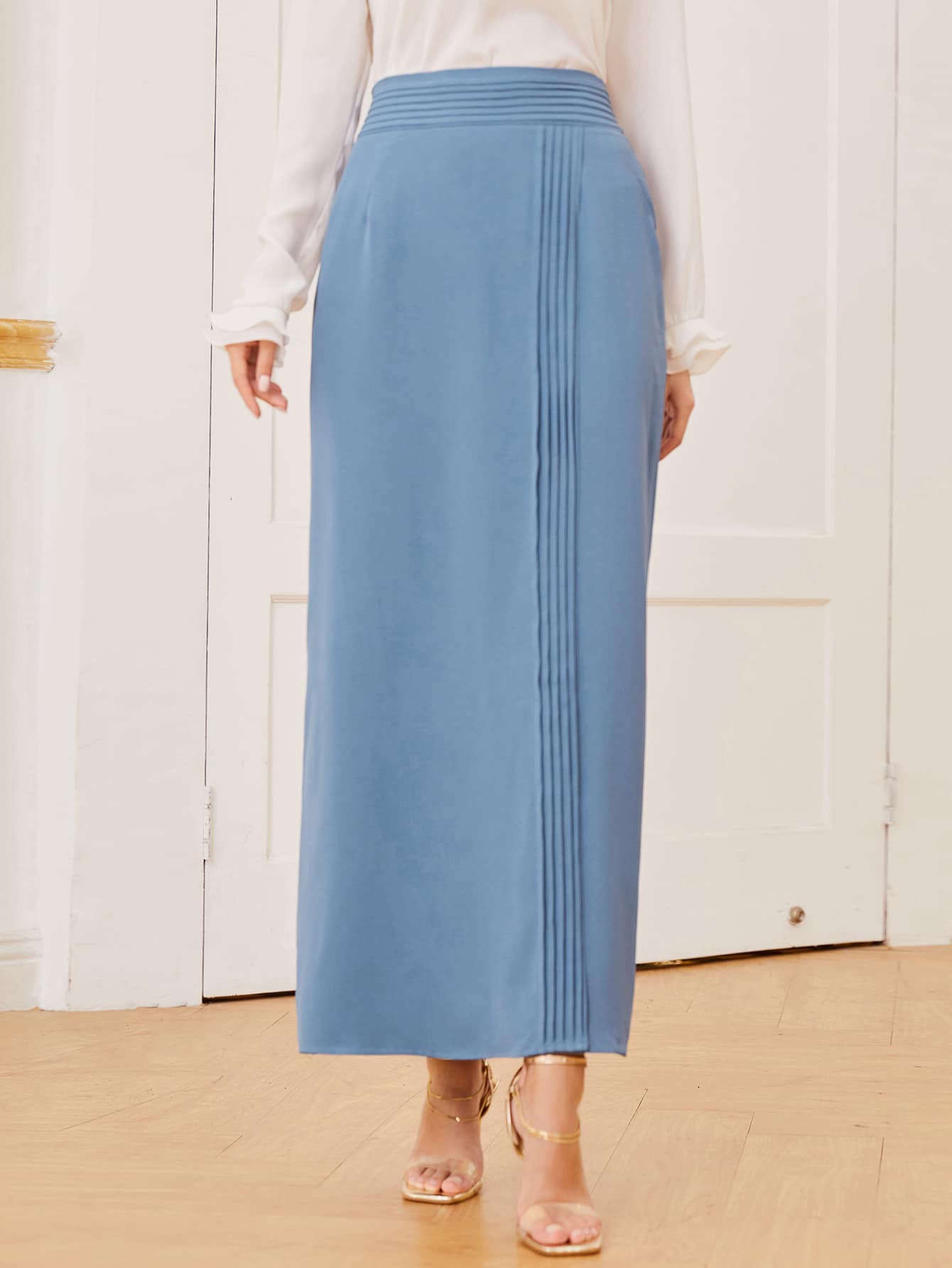 SHEIN Fold Pleated Solid Skirt - Blue - View 1