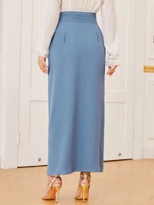 SHEIN Fold Pleated Solid Skirt - Blue - View 2