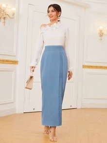 SHEIN Fold Pleated Solid Skirt - Blue - View 5