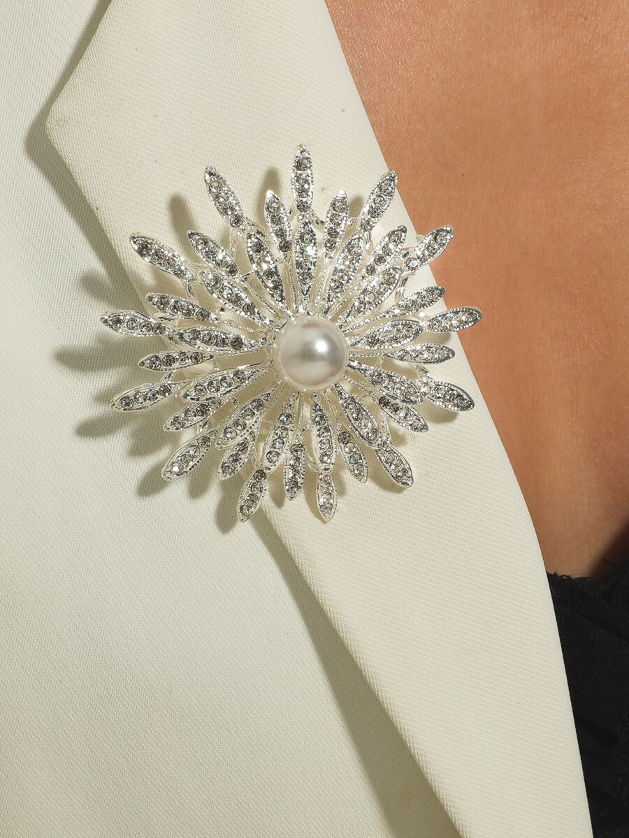 1pc Rhinestone & Faux Pearl Brooch - Silver - View 1