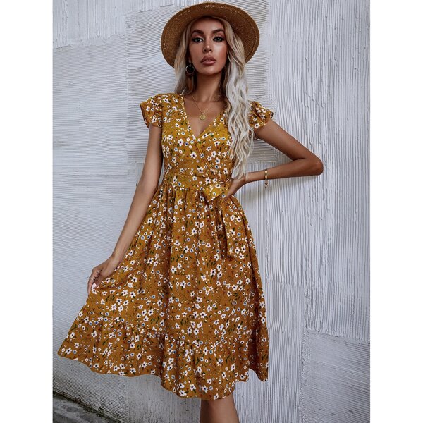 

Surplice Neck Belted Ruffle Hem Floral Dress, Mustard yellow