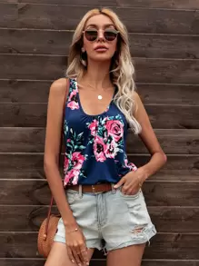 DEARCASE Floral Print Scoop Neck Tank Top - Navy Blue - View 1