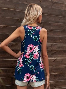 DEARCASE Floral Print Scoop Neck Tank Top - Navy Blue - View 2