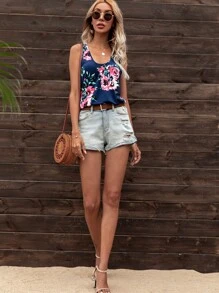 DEARCASE Floral Print Scoop Neck Tank Top - Navy Blue - View 3