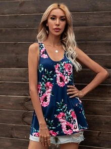 DEARCASE Floral Print Scoop Neck Tank Top - Navy Blue - View 4