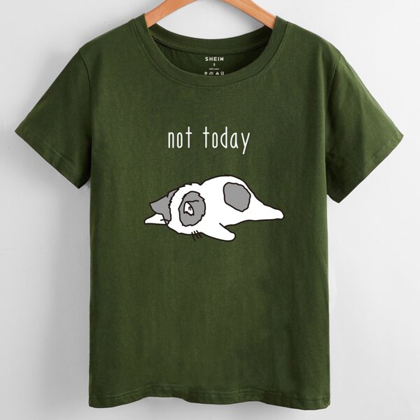 

Cartoon And Slogan Graphic Tee, Dark green
