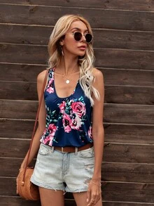 DEARCASE Floral Print Scoop Neck Tank Top - Navy Blue - View 5