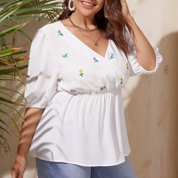 

Plus Floral Embroidered Wrap Peplum Blouse, White