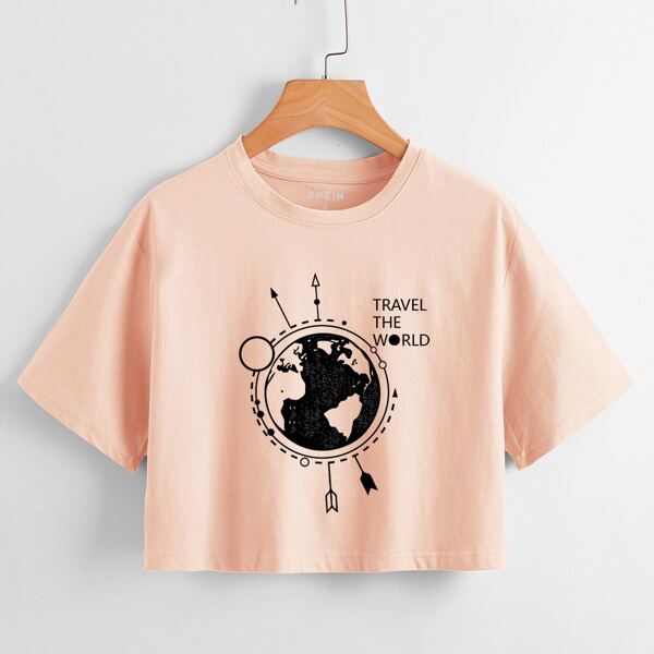 

Slogan And Earth Print Crop Tee, Baby pink