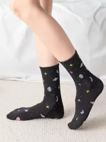 1 par de calcetines para mujer suaves y cómodos hasta la mitad de la pantorrilla con estampados de luna y estrellas, elegantes y versátiles, adecuados para la temporada de regreso a clases, uso en el hogar, como regalo o para viajar - Negro - Ver 1