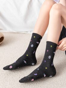 1 par de calcetines para mujer suaves y cómodos hasta la mitad de la pantorrilla con estampados de luna y estrellas, elegantes y versátiles, adecuados para la temporada de regreso a clases, uso en el hogar, como regalo o para viajar - Negro - Ver 2