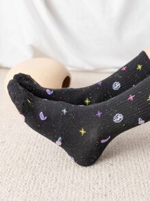 1 par de calcetines para mujer suaves y cómodos hasta la mitad de la pantorrilla con estampados de luna y estrellas, elegantes y versátiles, adecuados para la temporada de regreso a clases, uso en el hogar, como regalo o para viajar - Negro - Ver 4