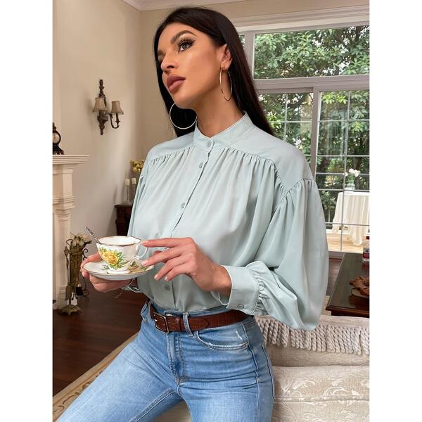 

Mock Neck Puff Sleeve Blouse, Mint green
