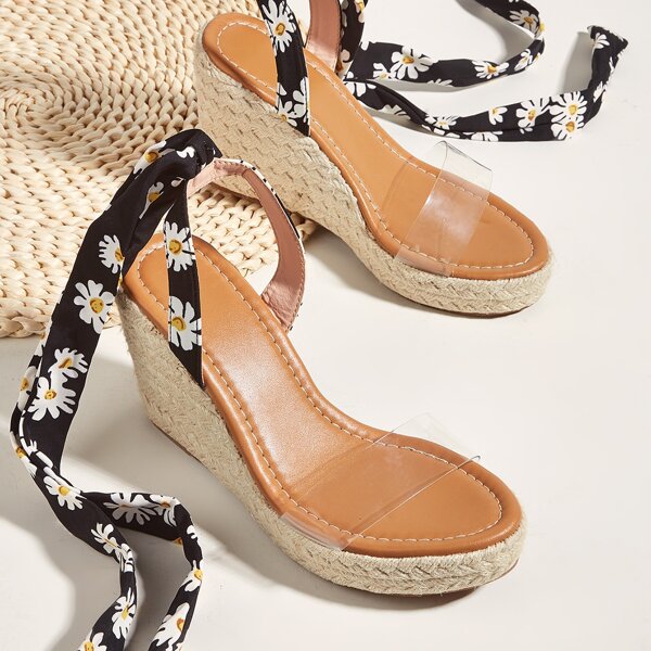 

Daisy Floral Graphic Tie Leg Wedge Sandals, Black