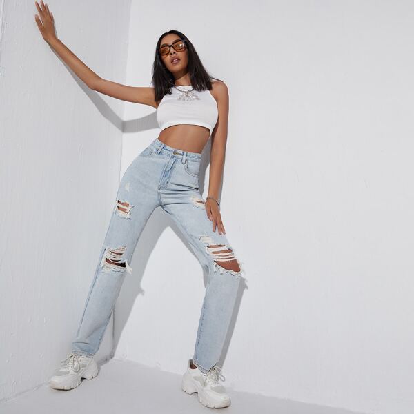 

Light Wash Ripped Straight Leg Jeans