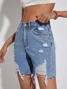 Raw Hem Ripped Denim Shorts - Medium Wash - View 4