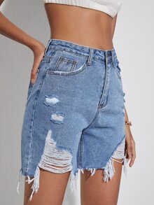 Raw Hem Ripped Denim Shorts - Medium Wash - View 5