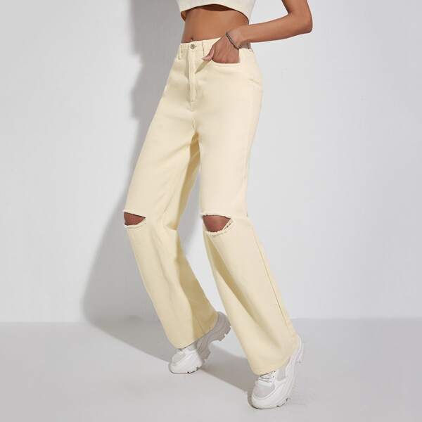 

Ripped Detail Straight Leg Jeans, Beige
