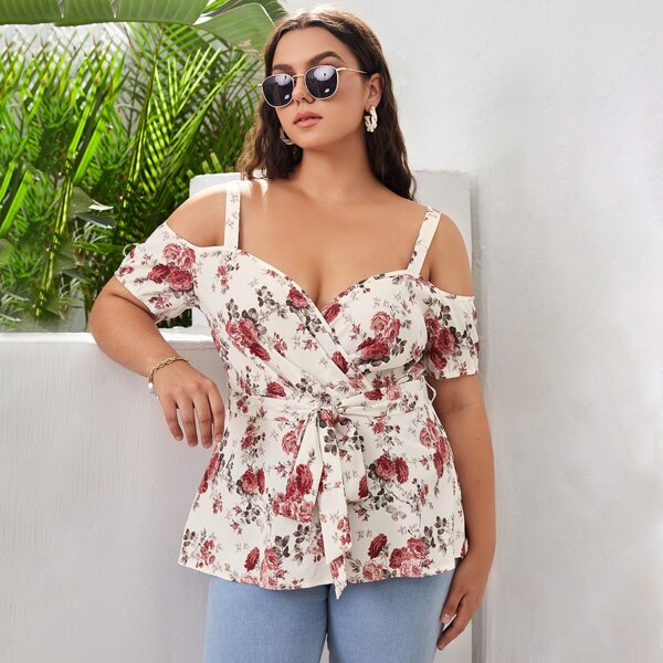 

Plus Cold Shoulder Floral Print Belted Blouse, Multicolor