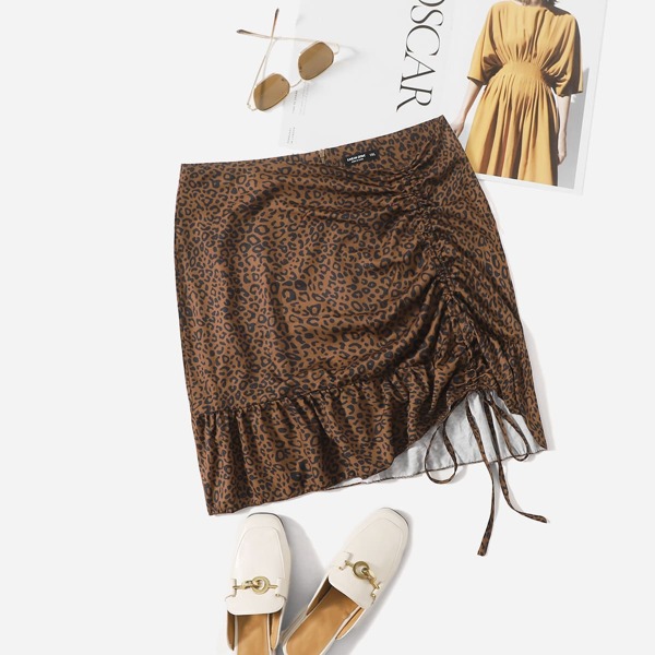 

Plus Allover Print Drawstring Front Ruffle Hem Skirt, Coffee brown