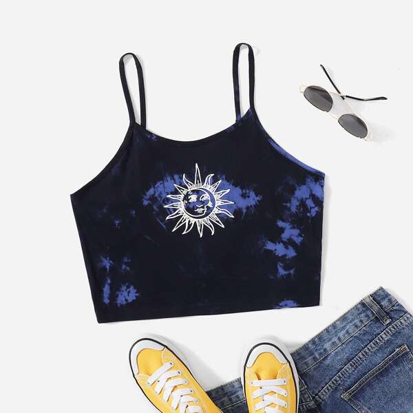 

Plus Tie Dye Sun And Moon Print Cami Top, Navy blue
