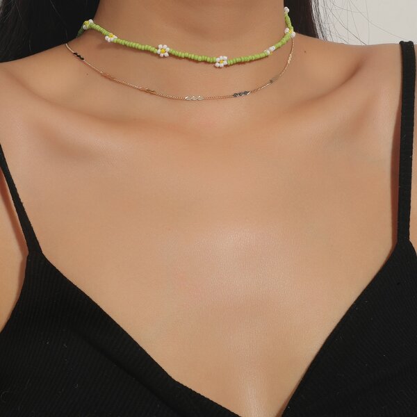 

2pcs Bead Decor Necklace, Multicolor