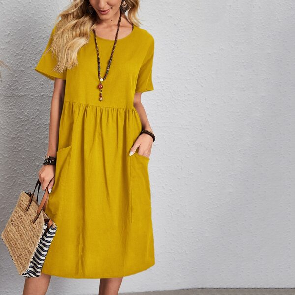 

Solid Dual Pocket Babydoll Dress, Mustard yellow