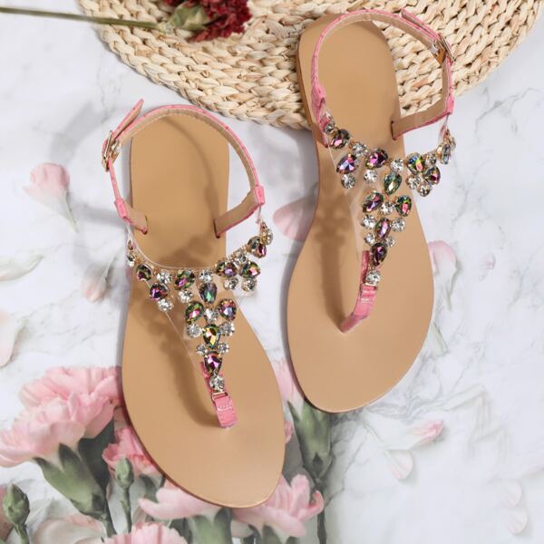 

Clear Rhinestone Decor Thong Sandals, Pink