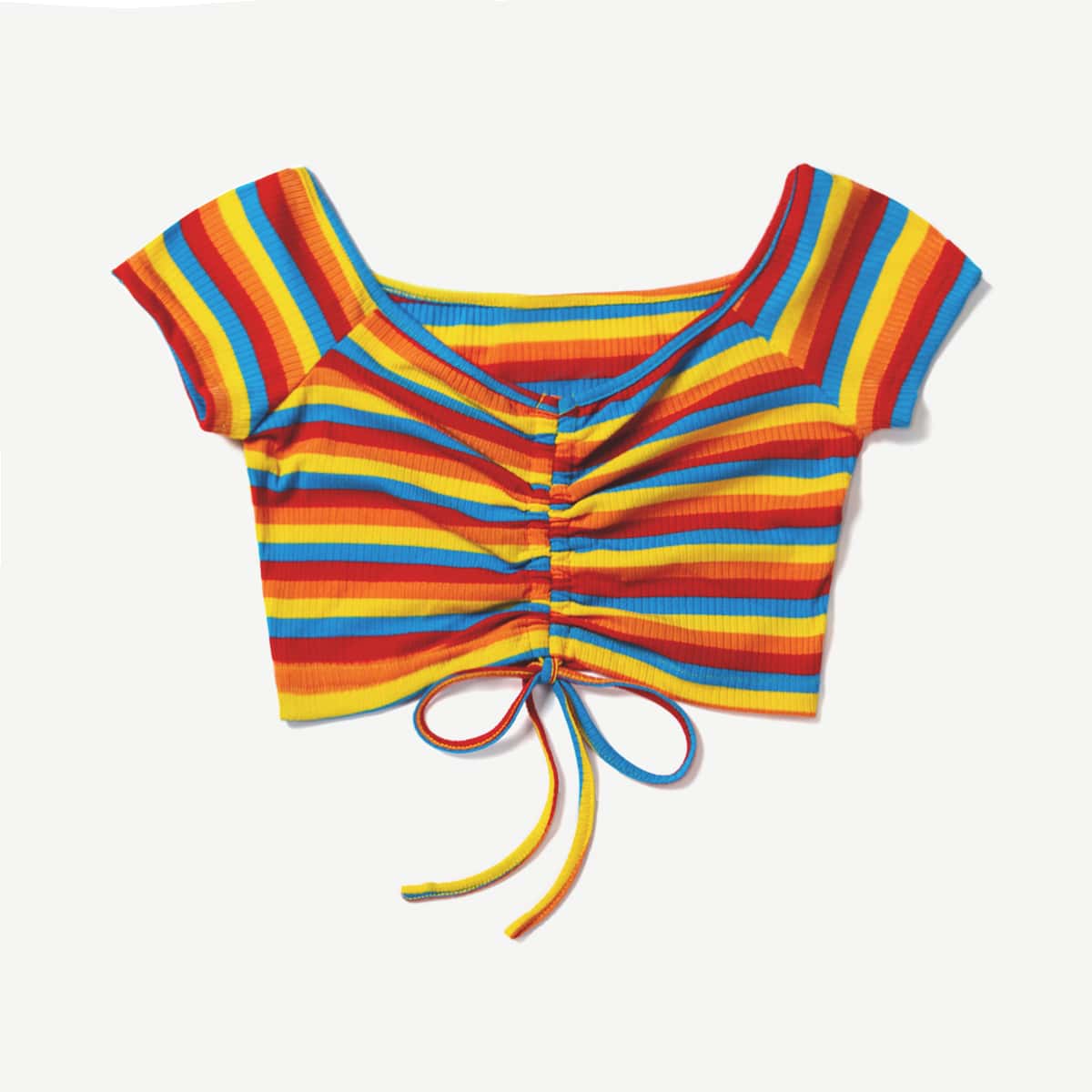 

Striped Drawstring Ruched Ribbed Tee, Multicolor