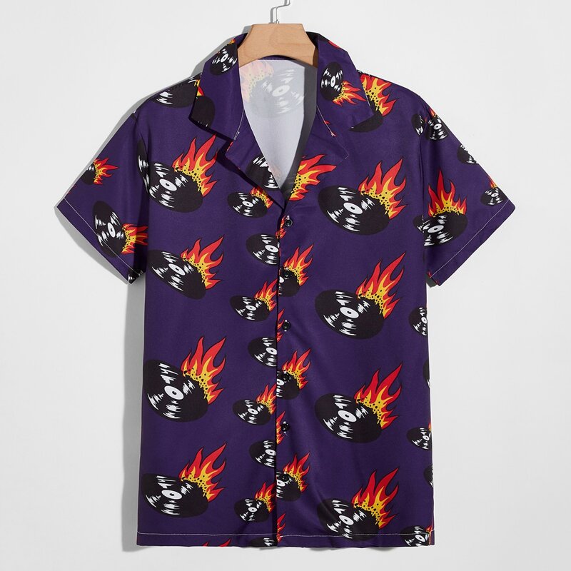 

Guys Record Print Button Front Shirt, Purple