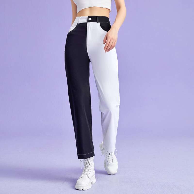 

Two Tone Button Fly Pants, Black and white