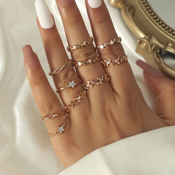 

10pcs Rhinestone Star Decor Ring, Gold