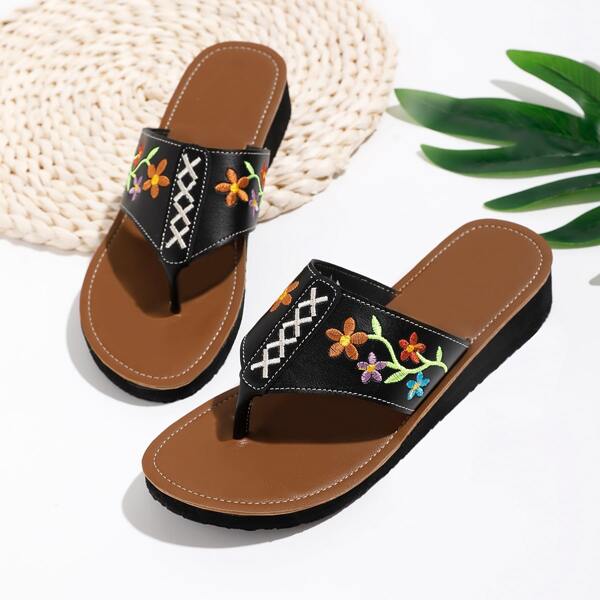 

Floral Embroidery Thong Sandals, Black