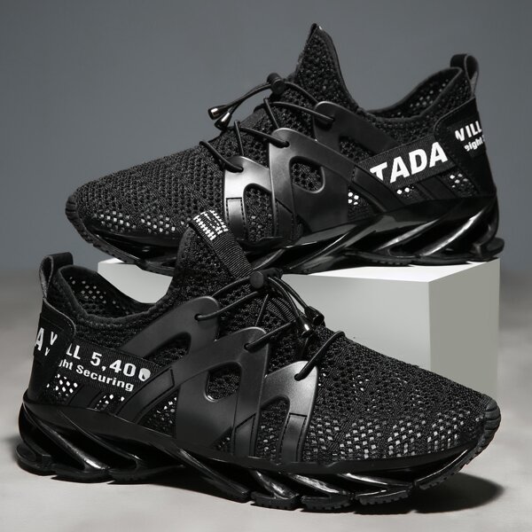 

Men Drawstring Front Breathable Sneakers, Black and white