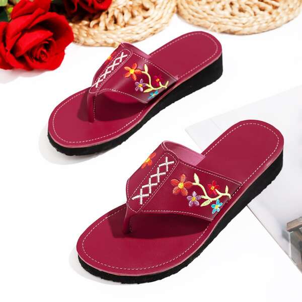 

Floral Embroidery Thong Sandals, Burgundy