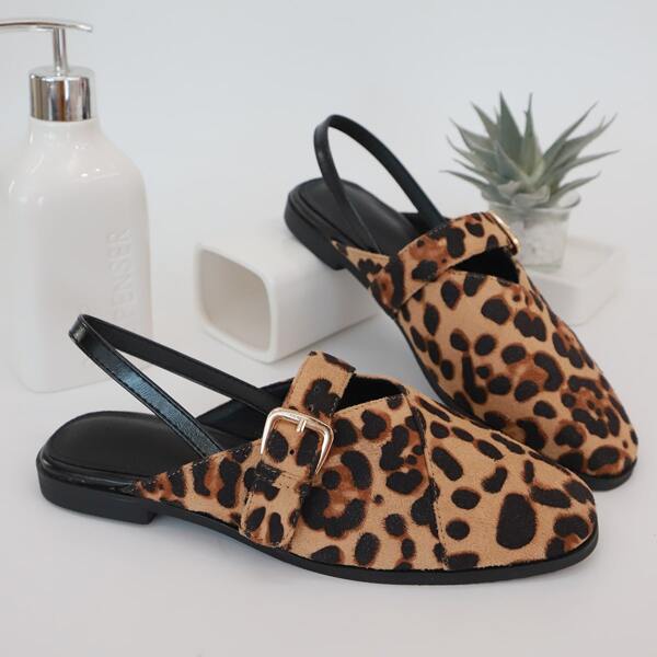 

Buckle Decor Leopard Slingback Flats, Brown