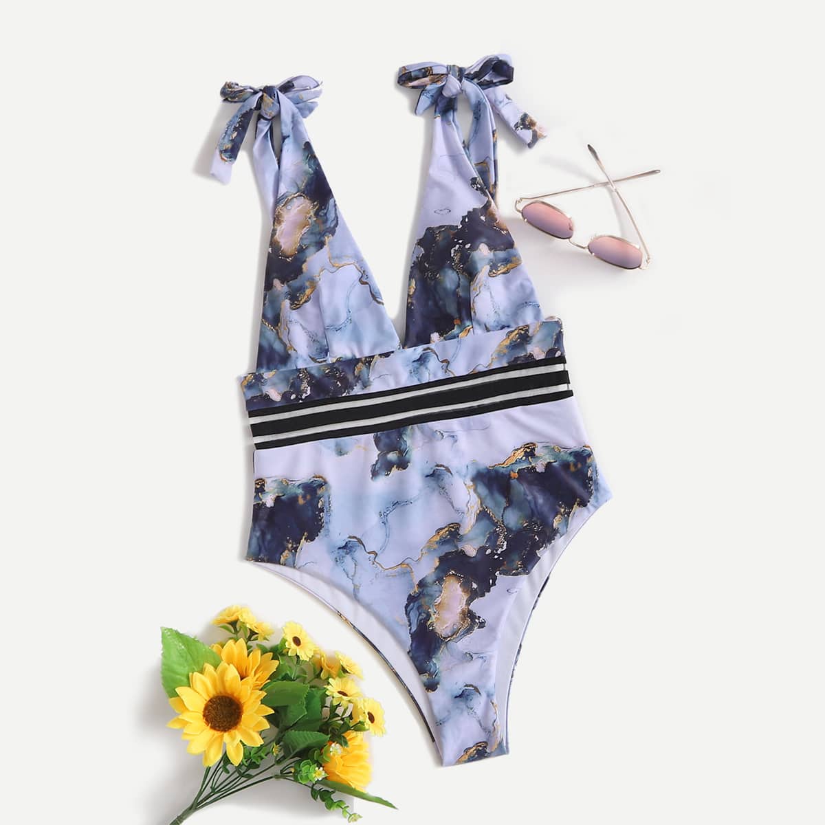 

Marble Print One Piece Swimsuit, Multicolor
