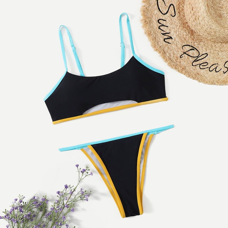 

Contrast Binding Bikini Swimsuit, Black