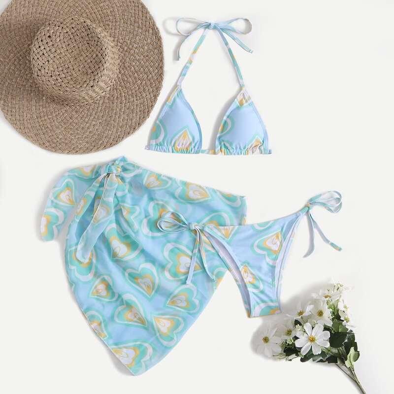

3pack Heart Bikini Swimsuit With Beach Skirt, Blue