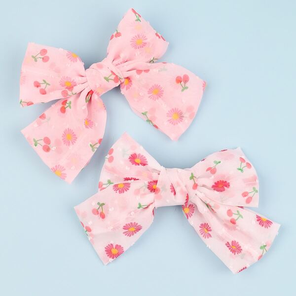 

2pcs Toddler Girls Flower Print Bow Decor Hair Clip, Multicolor