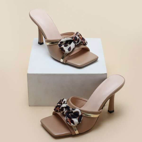 

Bow Decor Stiletto Heeled Mule Sandals, Mocha brown