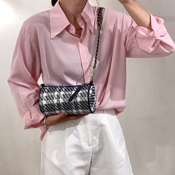 

Plaid Pattern Chain Bucket Bag, Blue