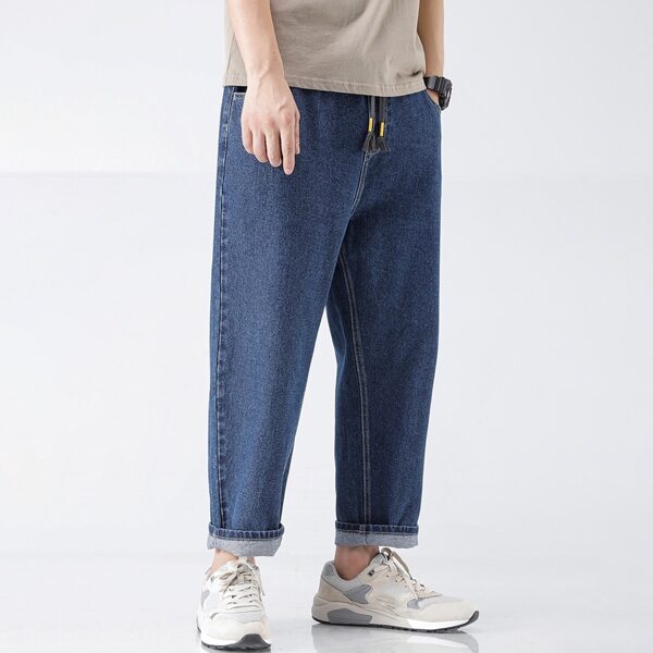 

Men Letter Patched Drawstring Jeans, Medium wash