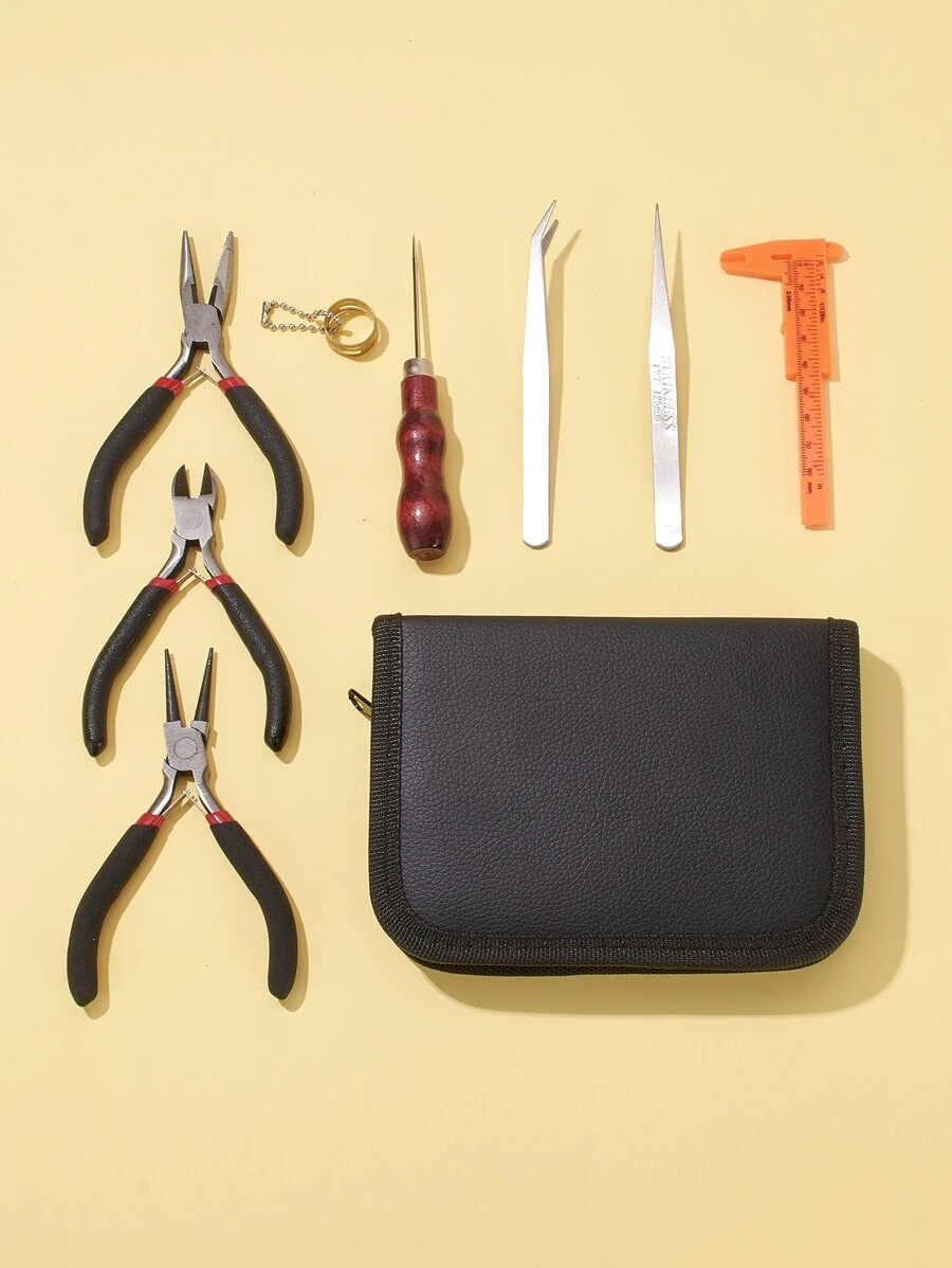 1套DIY珠寶套件，帶鐵球鍊和珠針黃銅環仿皮包不銹鋼串珠鑷子碳鋼鉗子鐵珠錐子混色珠寶工具 - 彩色 - 查看 1